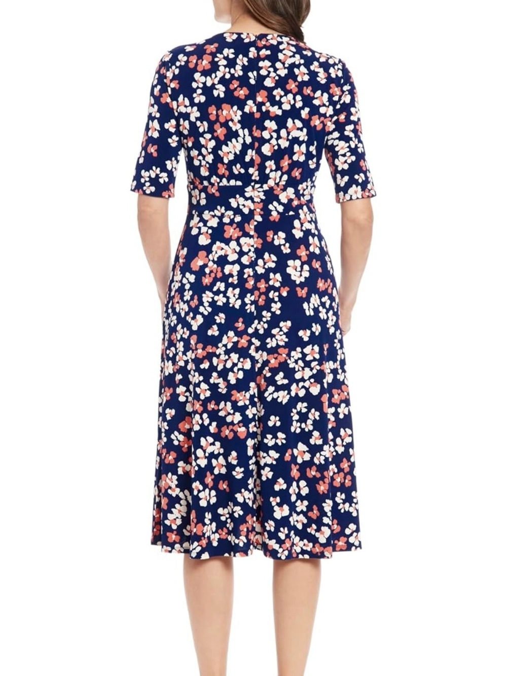 London Times Navy Floral Midi Dress with Coral and White Blooms - Picture 2 of 6